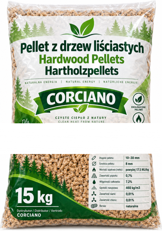PELLET DRZEWNY CORCIANO OPAŁ ZIMOWY WOREK 15KG ŻWIREK DREWNIANY
